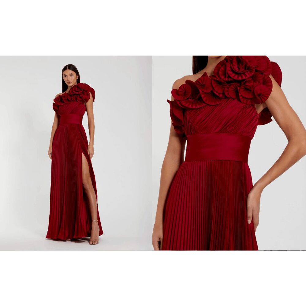 Ieena for Mac Duggal Red Pleated Charmeuse One Shoulder Ruffle Gown US 12 $598